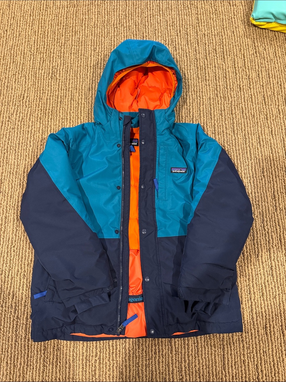 Patagonia Kids Hooded Colorblock Puffer Jacket - Teal, Navy & Orange